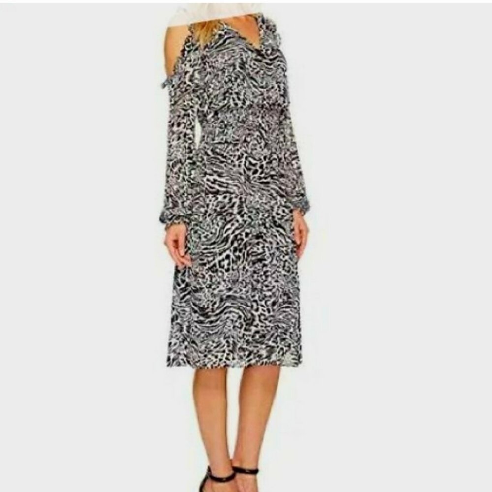 Michael Kors Navy Blue Printed Ruffle Cold Shoulder Dress Size S